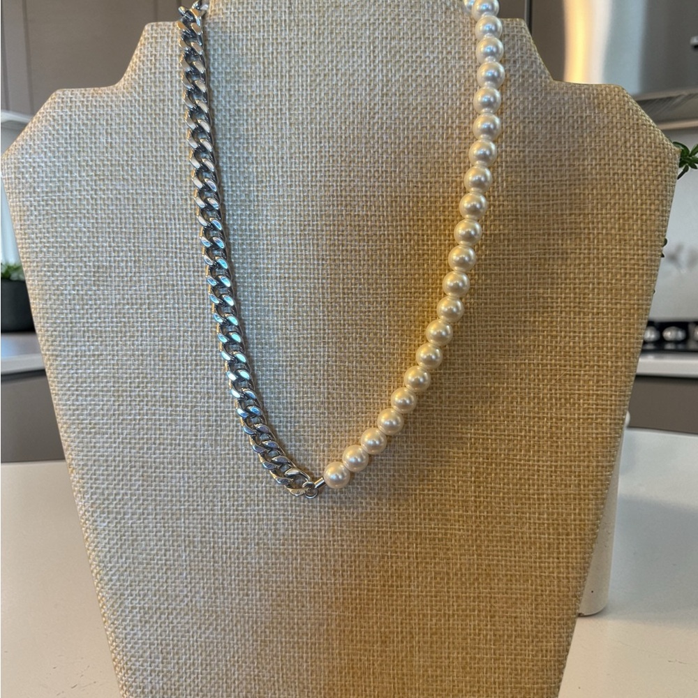 Mixed Pearl and Silver-Tone Chain Necklace - Half Pearl, Half Chain